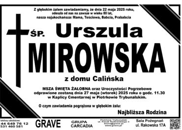ŚP. Urszula Mirowska</br> <span>27 maj 2025
